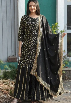 Embroidered Chinon Silk Pakistani Suit in Black