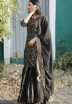 Embroidered Chinon Silk Pakistani Suit in Black