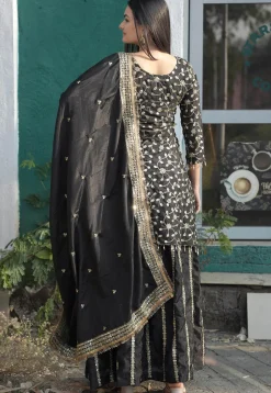 Embroidered Chinon Silk Pakistani Suit in Black