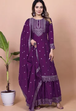 Embroidered Chinon Silk Pakistani Suit in Purple