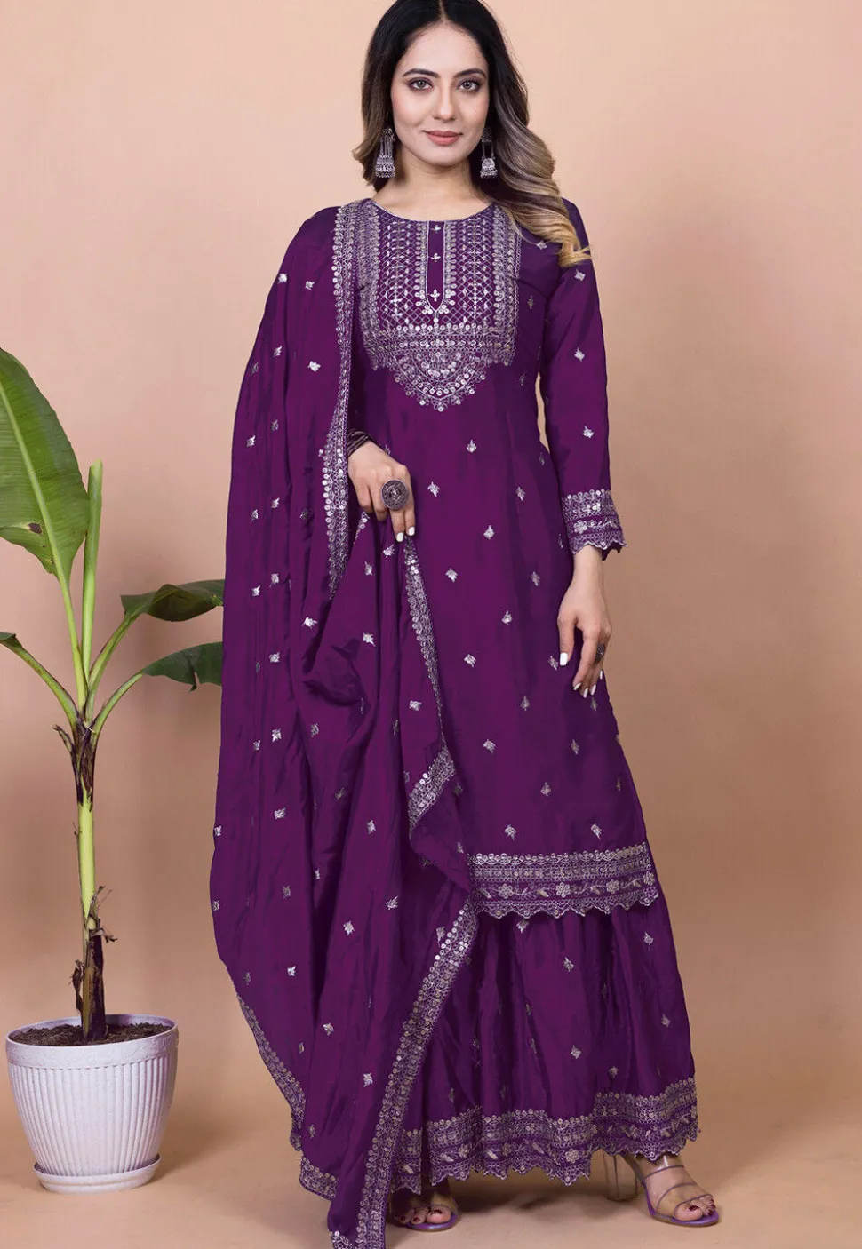 Embroidered Chinon Silk Pakistani Suit in Purple