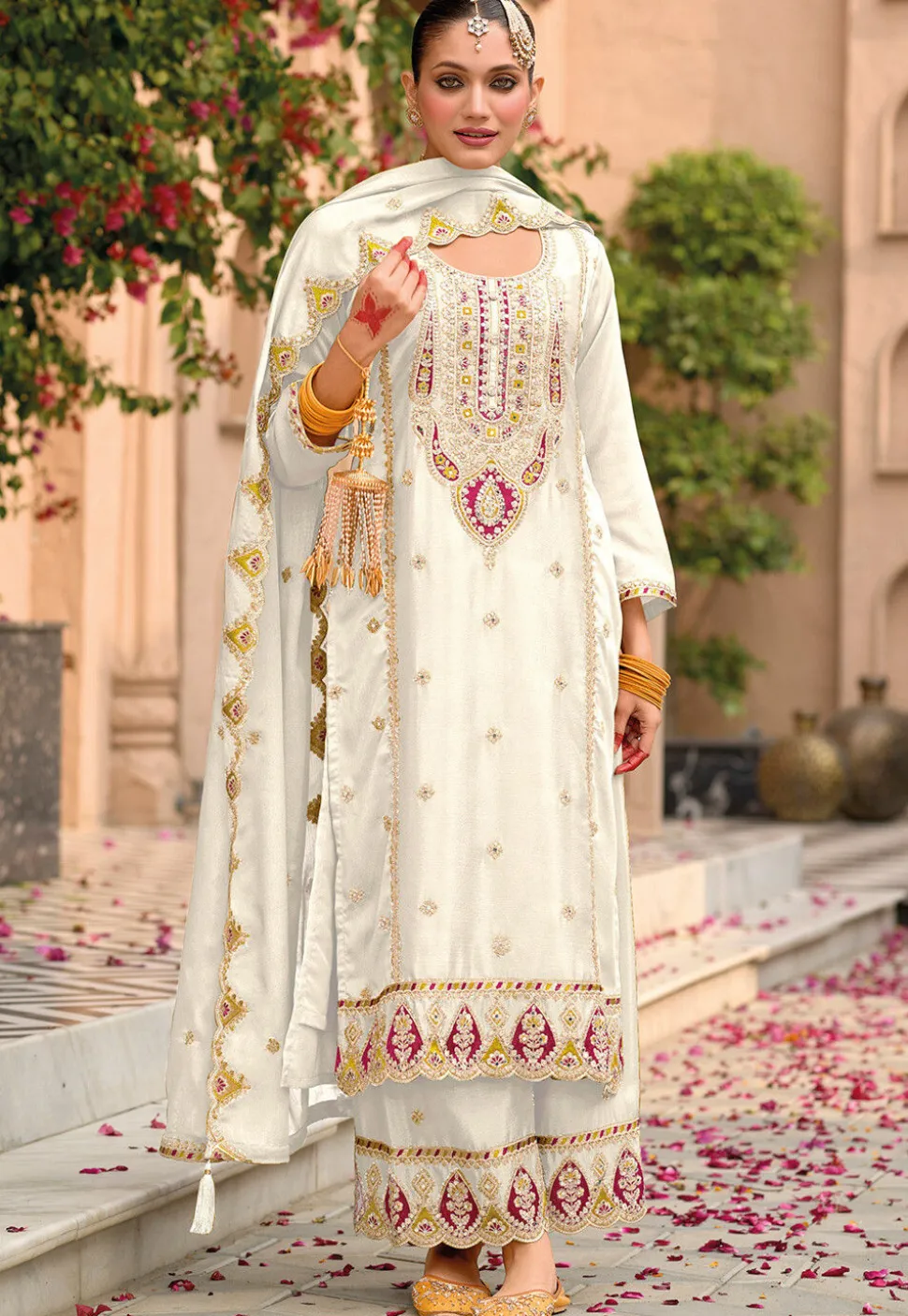 Embroidered Chinon Silk Pakistani Suit in Off White
