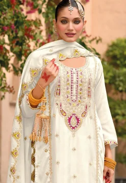 Embroidered Chinon Silk Pakistani Suit in Off White