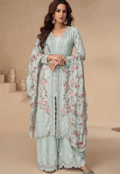 Embroidered Chinon Silk Pakistani Suit in Sky Blue
