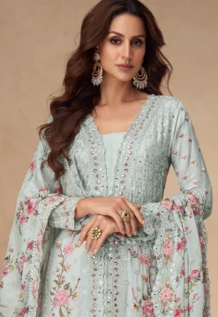 Embroidered Chinon Silk Pakistani Suit in Sky Blue