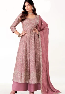 Embroidered Chinon Silk Pakistani Suit in Pink
