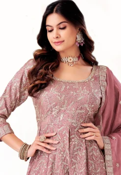 Embroidered Chinon Silk Pakistani Suit in Pink