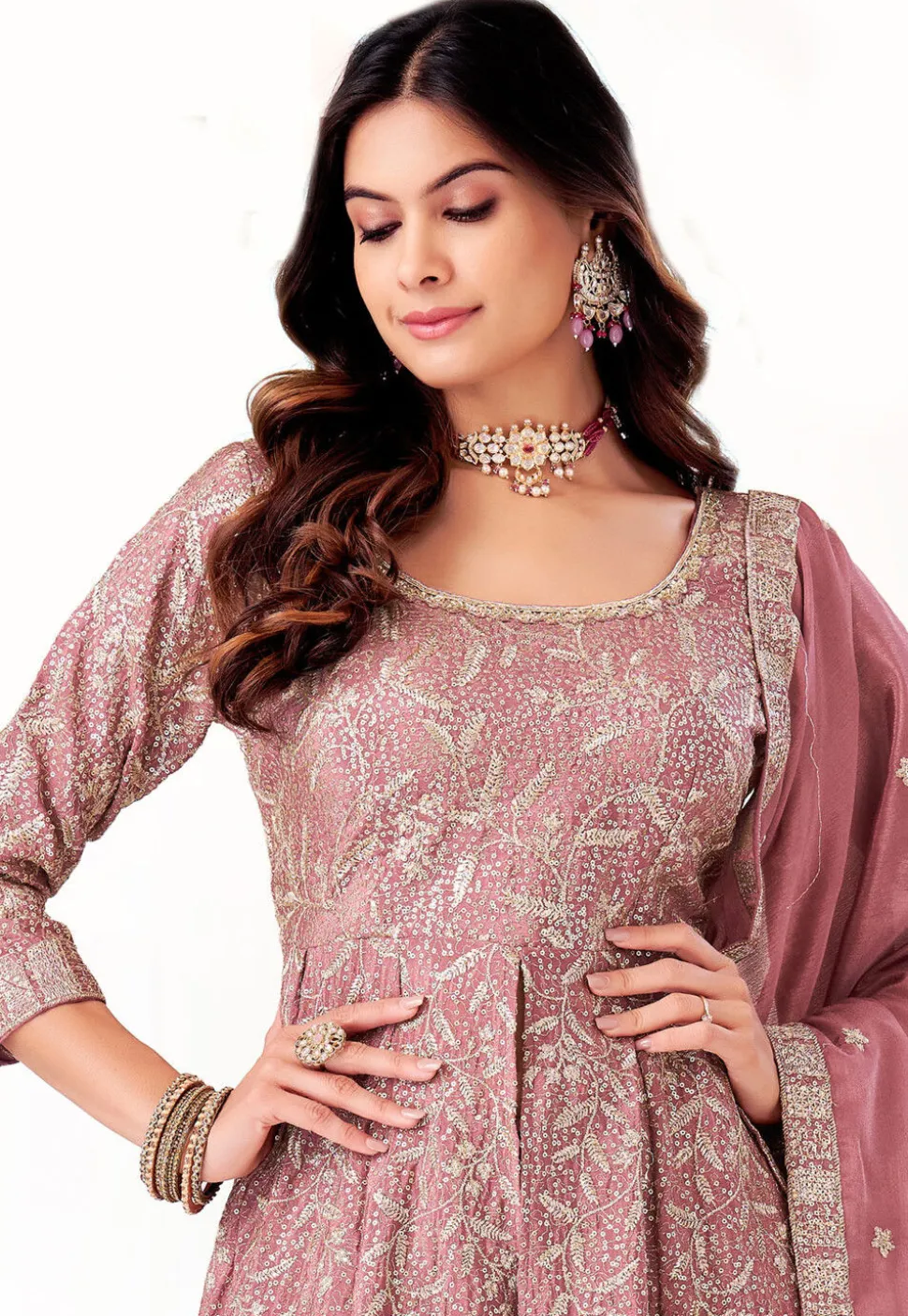 Embroidered Chinon Silk Pakistani Suit in Pink