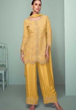 Embroidered Chinon Silk Pakistani Suit in Yellow
