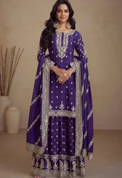 Embroidered Chinon Silk Pakistani Suit in Purple
