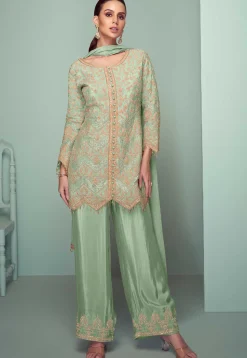 Embroidered Chinon Silk Pakistani Suit in Light Green
