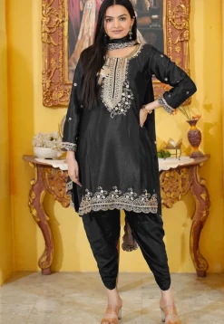 Embroidered Chinon Silk Scalloped Punjabi Suit in Black
