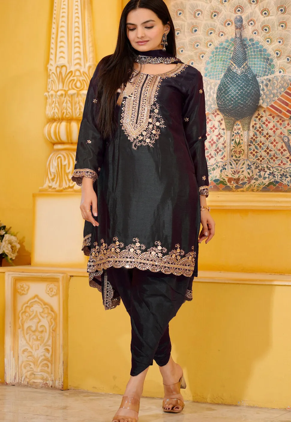 Embroidered Chinon Silk Scalloped Punjabi Suit in Black