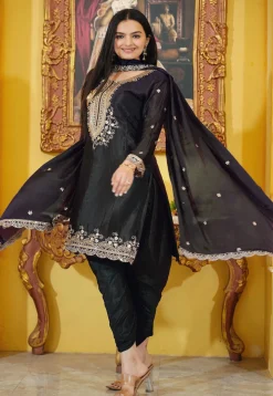 Embroidered Chinon Silk Scalloped Punjabi Suit in Black