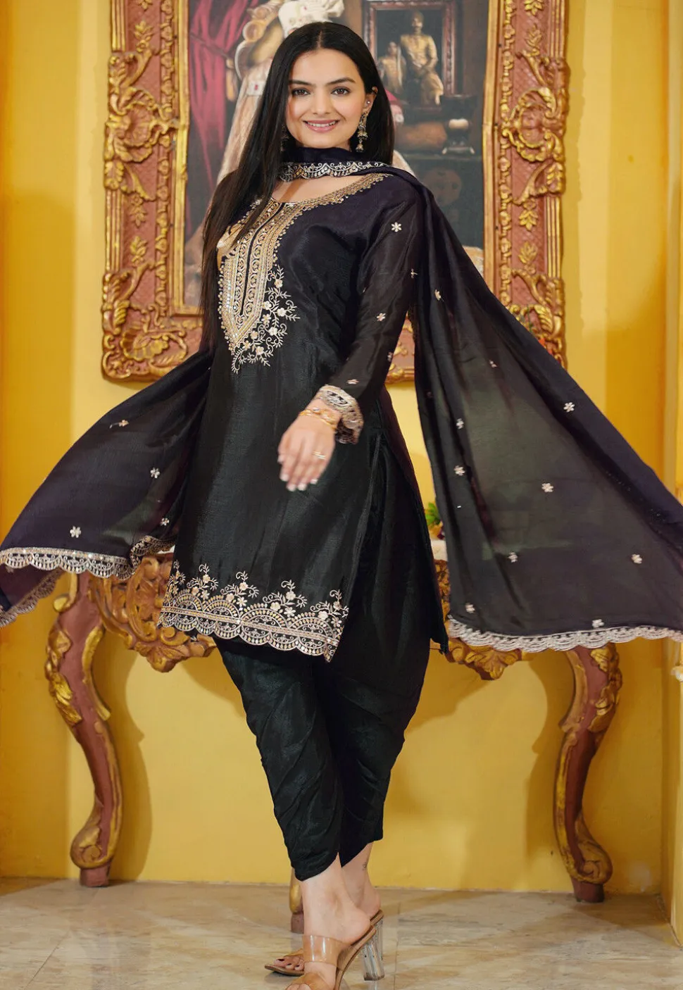 Embroidered Chinon Silk Scalloped Punjabi Suit in Black