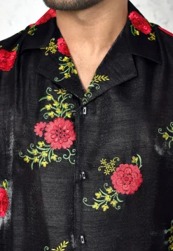 Embroidered Chinon Silk Shirt in Black