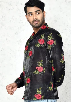 Embroidered Chinon Silk Shirt in Black