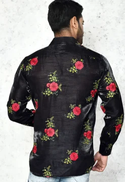 Embroidered Chinon Silk Shirt in Black