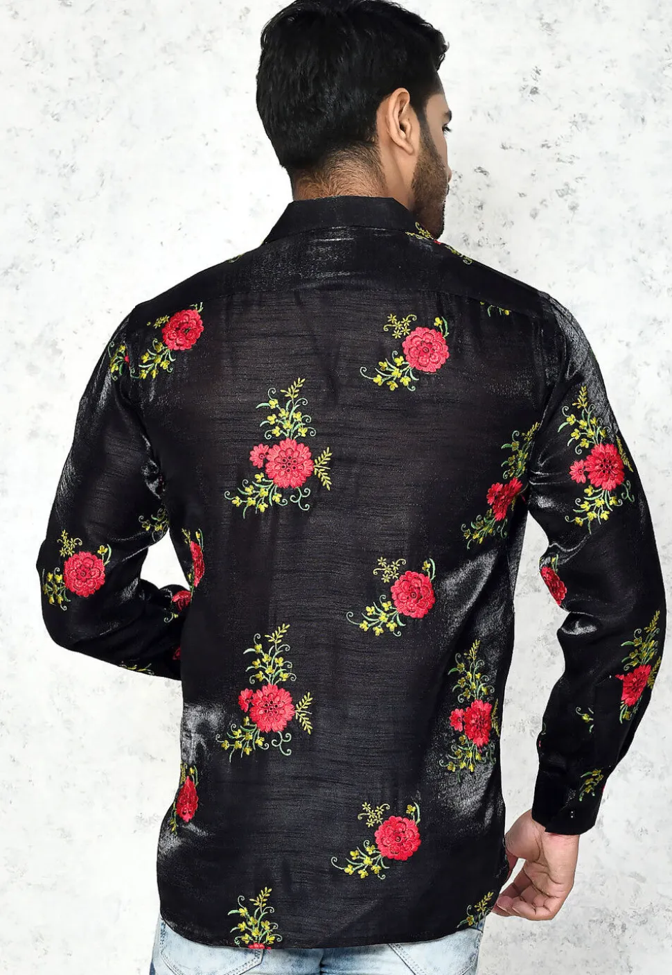 Embroidered Chinon Silk Shirt in Black