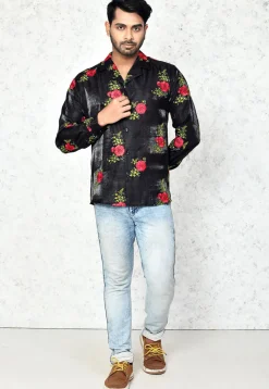 Embroidered Chinon Silk Shirt in Black