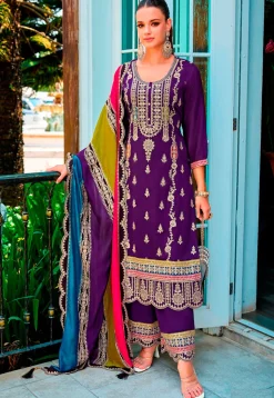 Embroidered Chinon Silk Scalloped Pakistani Suit in Purple