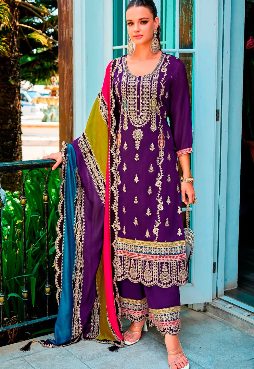 Embroidered Chinon Silk Scalloped Pakistani Suit in Purple