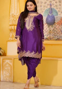 Embroidered Chinon Silk Scalloped Punjabi Suit in Purple