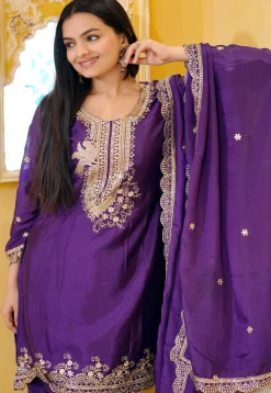 Embroidered Chinon Silk Scalloped Punjabi Suit in Purple