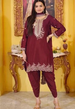 Embroidered Chinon Silk Scalloped Punjabi Suit in Maroon