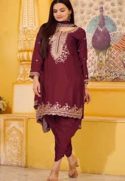 Embroidered Chinon Silk Scalloped Punjabi Suit in Maroon