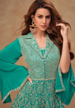 Embroidered Chinon Silk Tunic Set in Teal Green