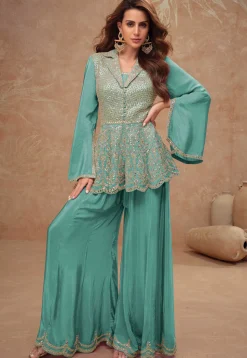 Embroidered Chinon Silk Top Set in Turquoise