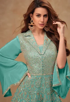 Embroidered Chinon Silk Top Set in Turquoise