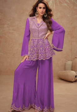 Embroidered Chinon Silk Tunic Set in Purple