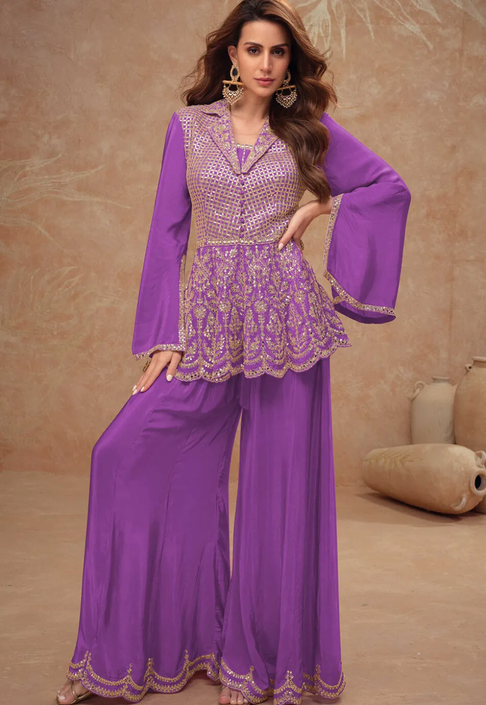Embroidered Chinon Silk Tunic Set in Purple