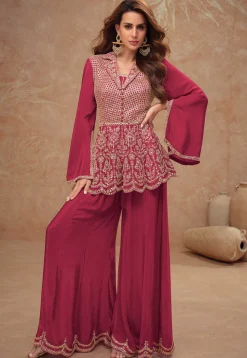 Embroidered Chinon Silk Tunic Set in Maroon