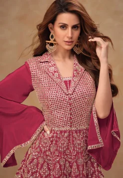 Embroidered Chinon Silk Tunic Set in Maroon