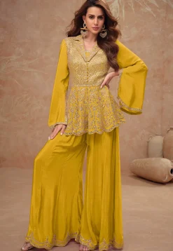 Embroidered Chinon Silk Tunic Set in Yellow