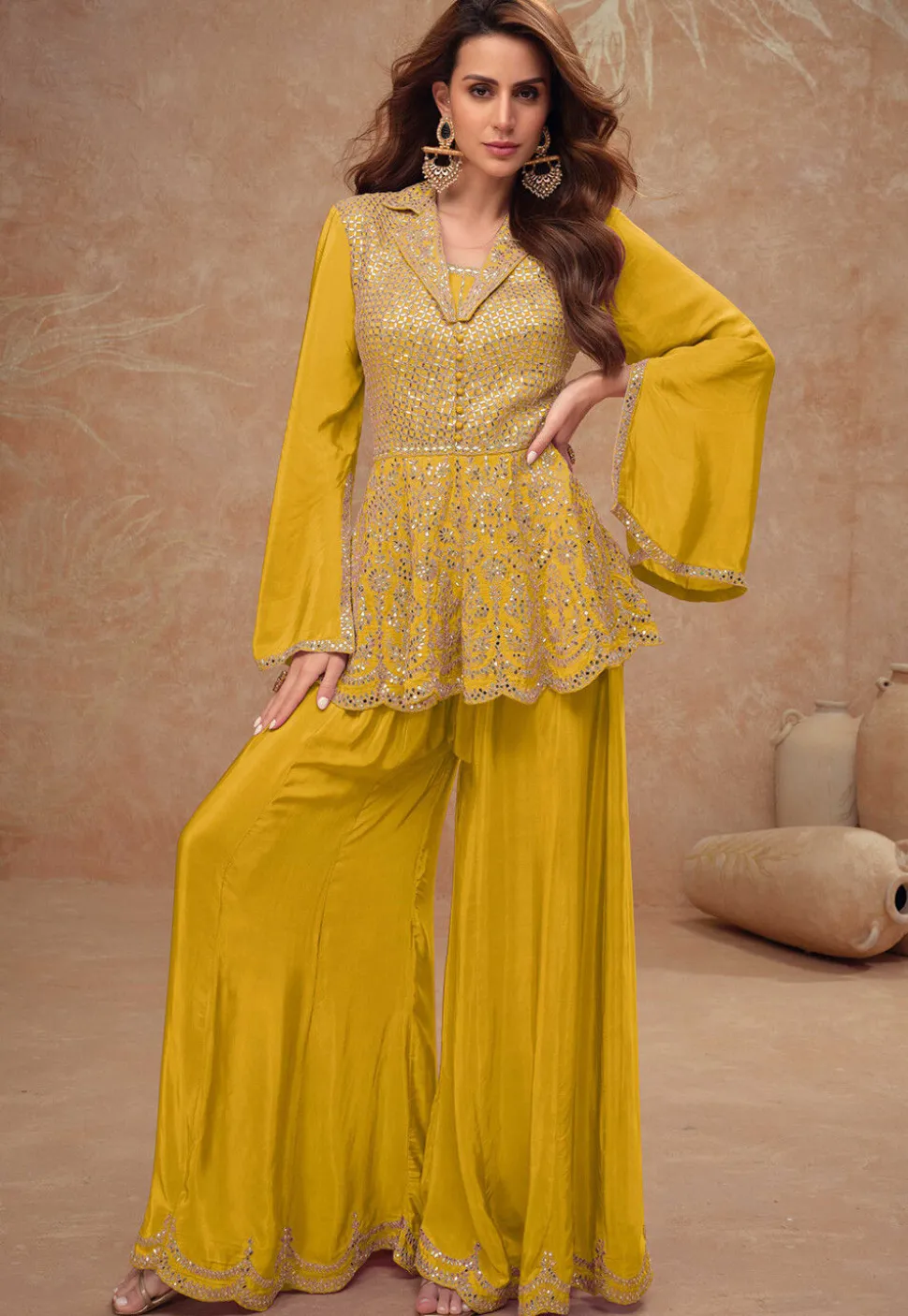 Embroidered Chinon Silk Tunic Set in Yellow