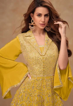 Embroidered Chinon Silk Tunic Set in Yellow