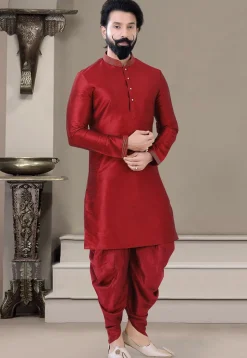 Embroidered Collar Art Silk Dhoti Kurta in Red