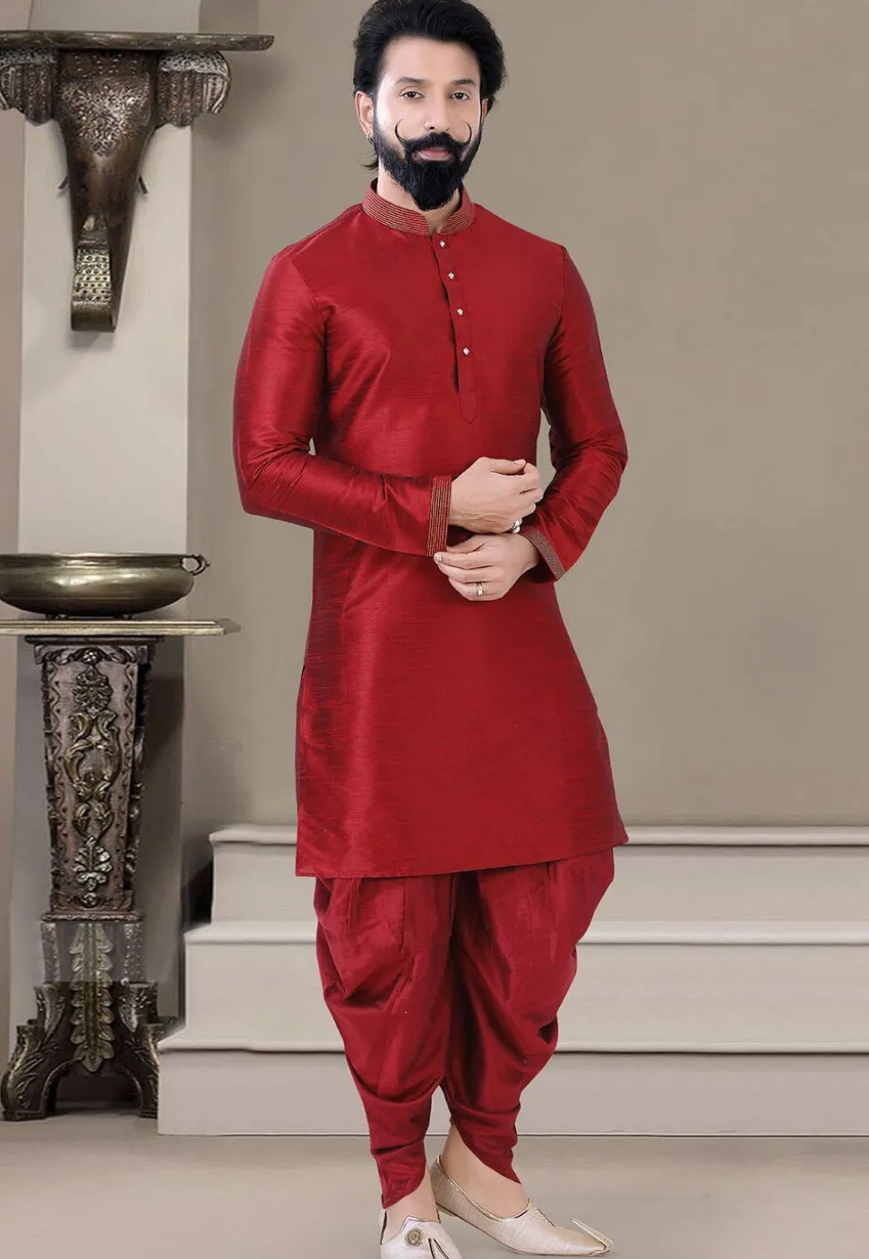 Embroidered Collar Art Silk Dhoti Kurta in Red