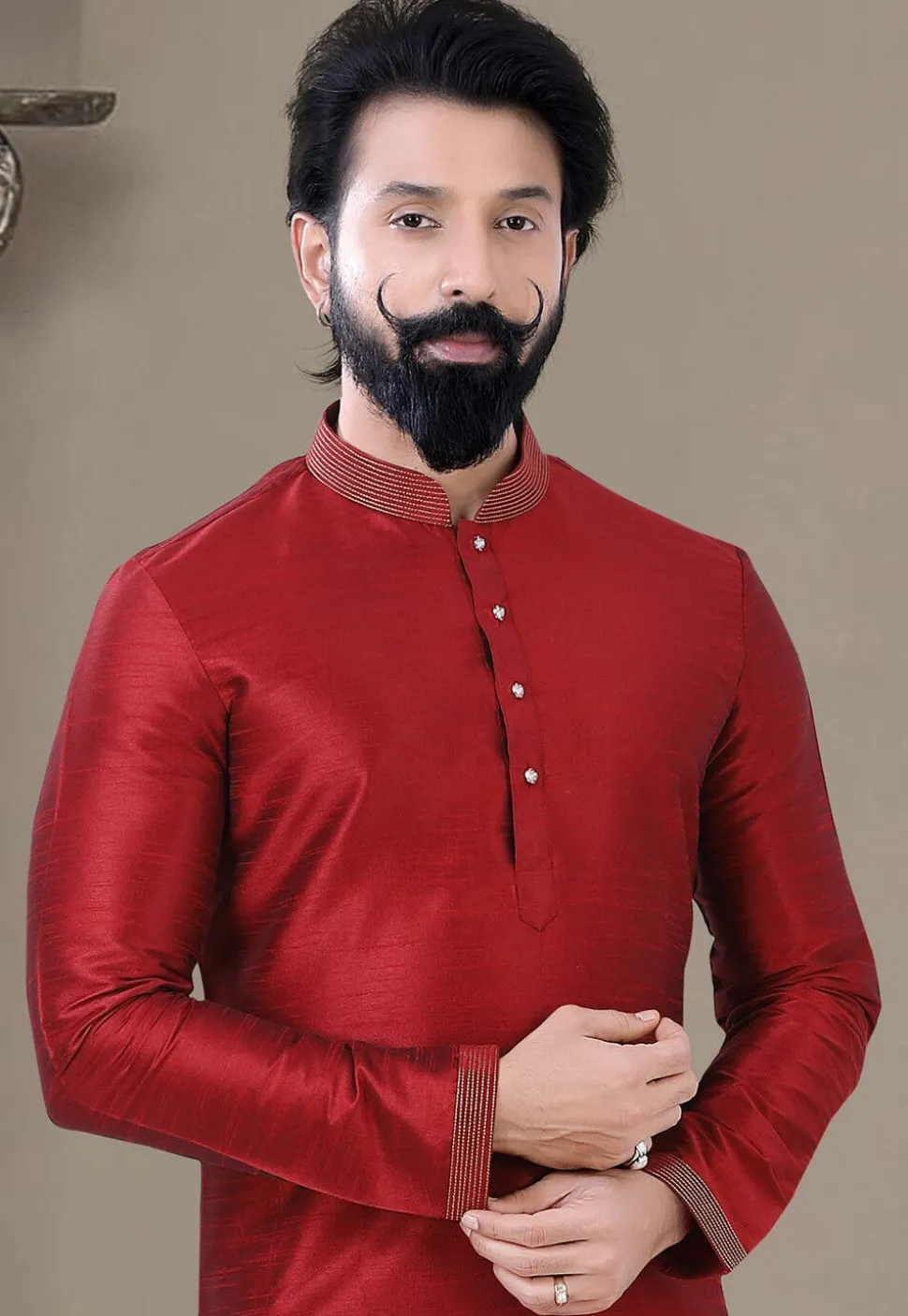 Embroidered Collar Art Silk Dhoti Kurta in Red