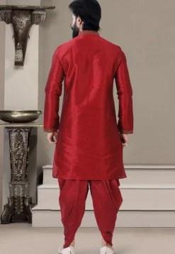 Embroidered Collar Art Silk Dhoti Kurta in Red
