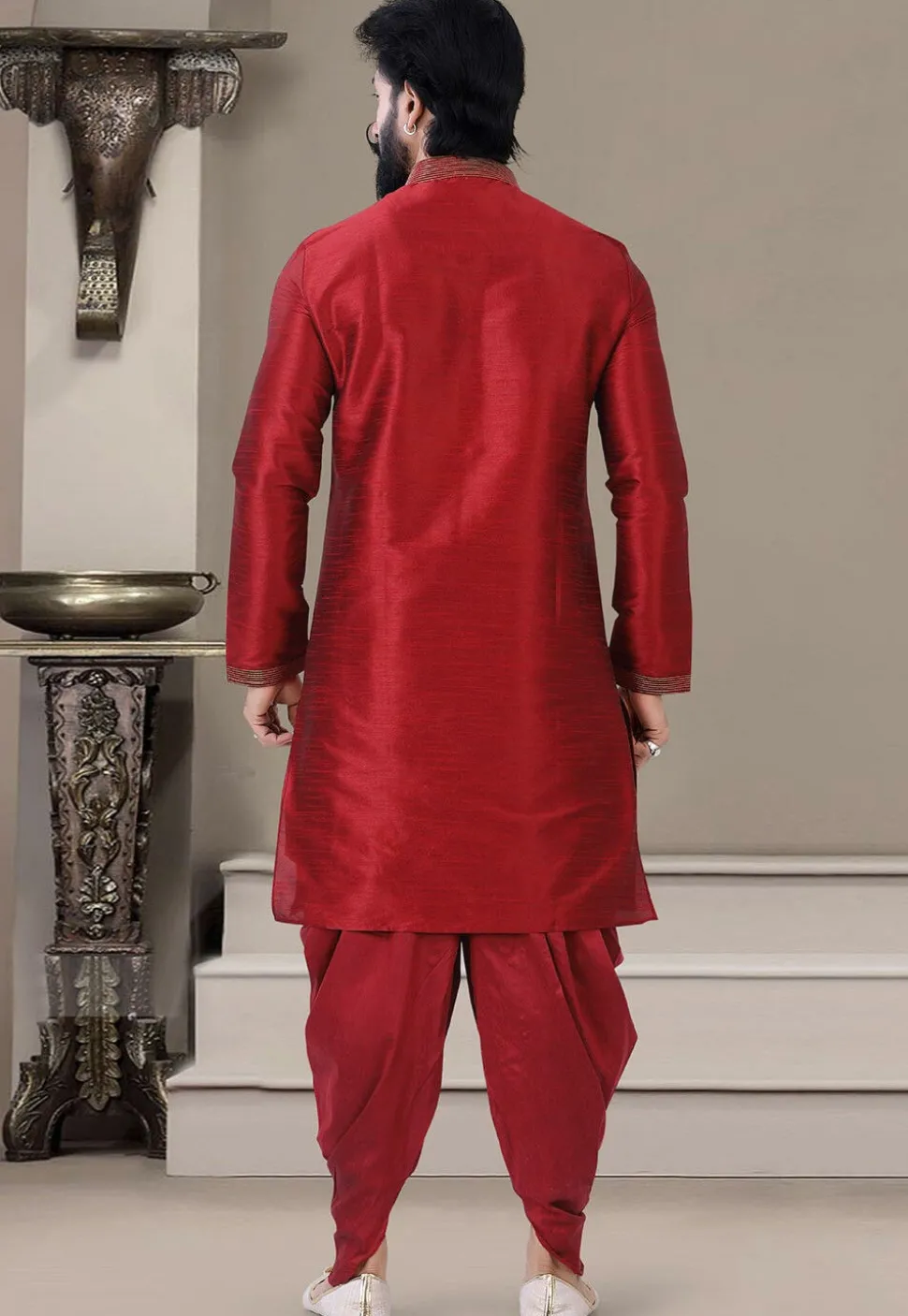 Embroidered Collar Art Silk Dhoti Kurta in Red