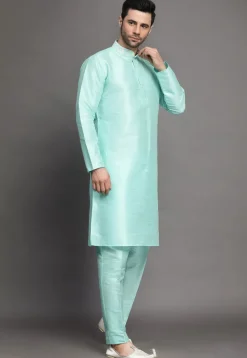 Embroidered Collar Art Silk Kurta Set in Sky Blue
