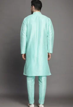 Embroidered Collar Art Silk Kurta Set in Sky Blue