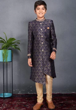 Embroidered Collar Art Silk Jacquard Asymmetric Sherwani in Navy Blue