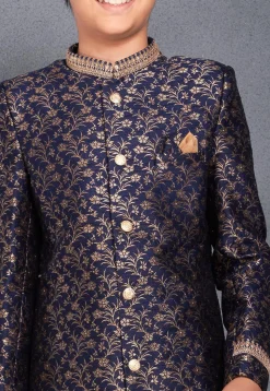 Embroidered Collar Art Silk Jacquard Asymmetric Sherwani in Navy Blue