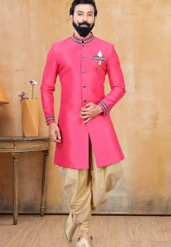 Embroidered Collar Art Silk Sherwani in Pink